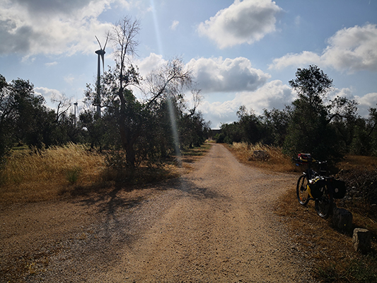 Su strade bianche tra pale eoliche